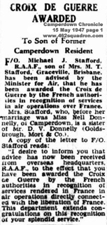 Flying Officer Michael John Stafford, 425907 RAAF, Croix de Guerre news article, Rear Gunner at 462 Squadron, Driffield and Foulsham.